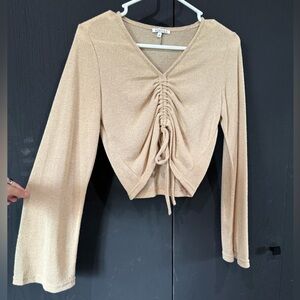 Mimosa bell sleeve tan tie scrunch front blouse - size Small